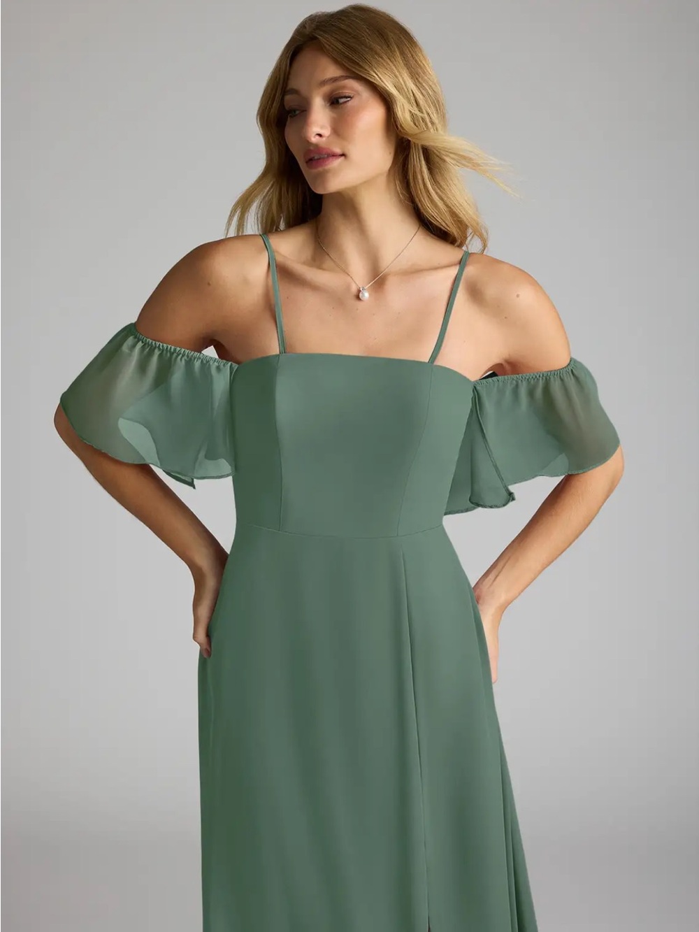 Azazie Elegant Sage Green Off-Shoulder Maxi Dress